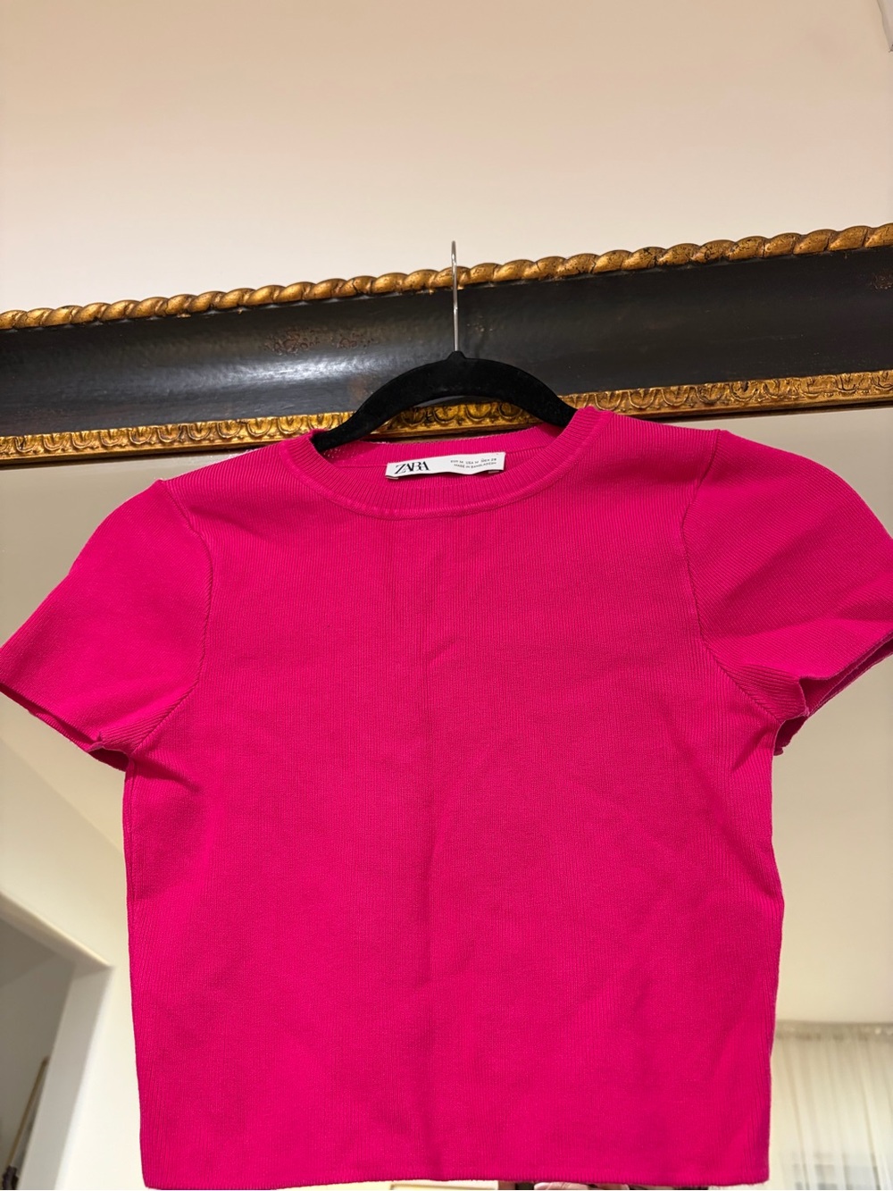 Zara Girls Bright Pink Ribbed Short Sleeve Tee